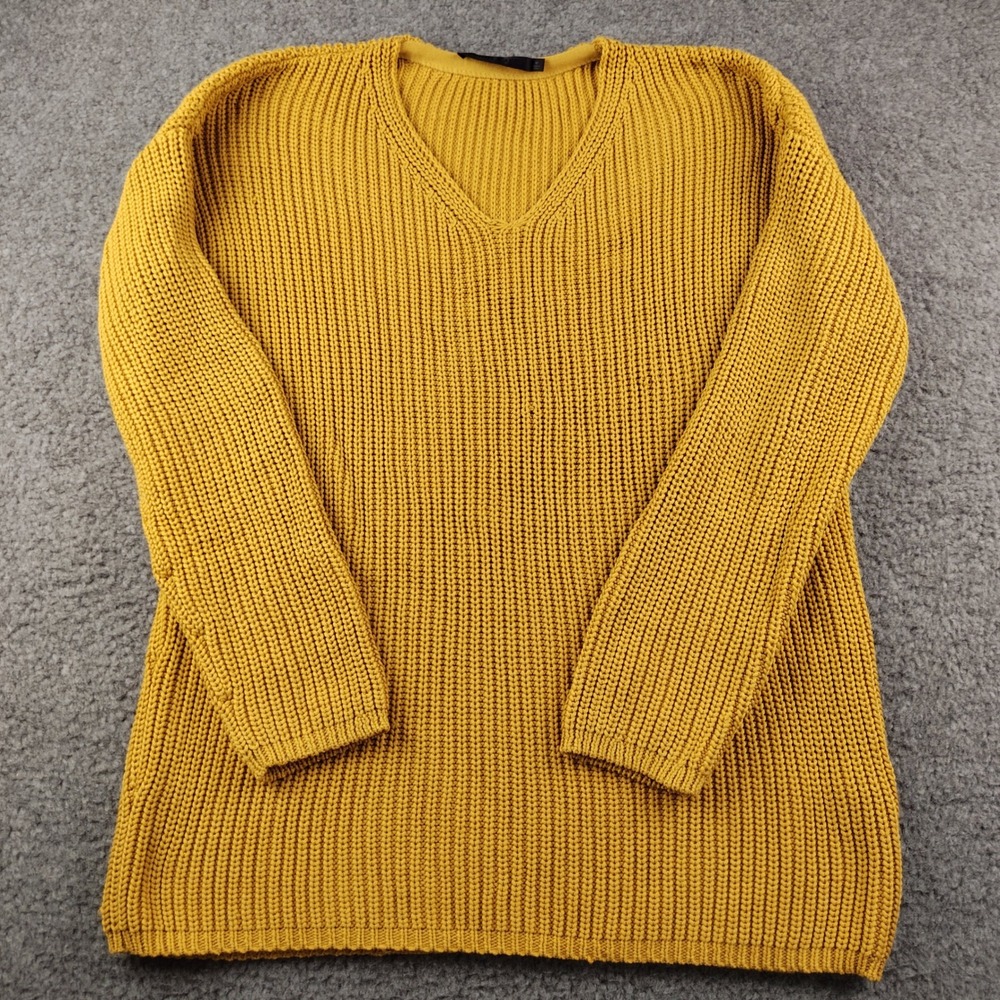 Jenni Kayne Mustard Yellow Organic Cotton V-Neck Shaker Knit Sweater Sz M